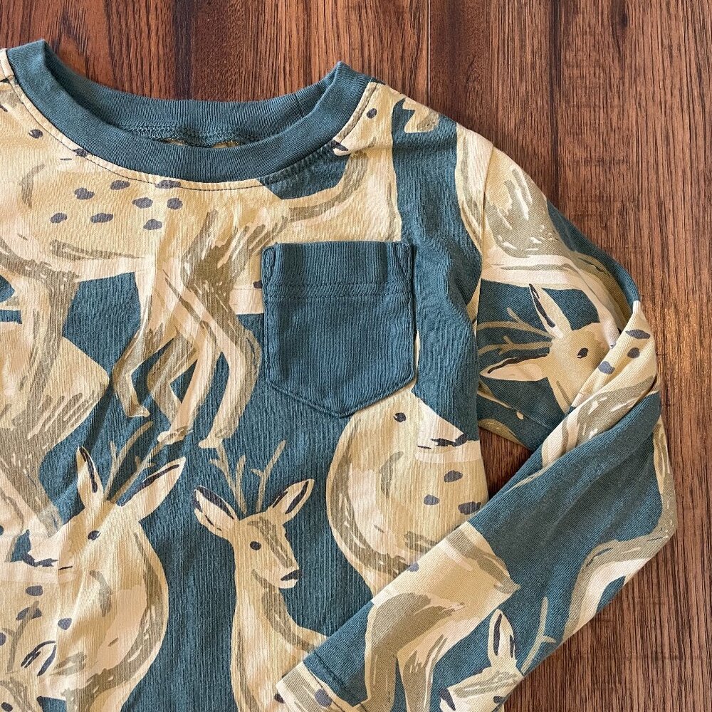 Tea Collection Teal and Beige Deer Print Long Sleeve Tee